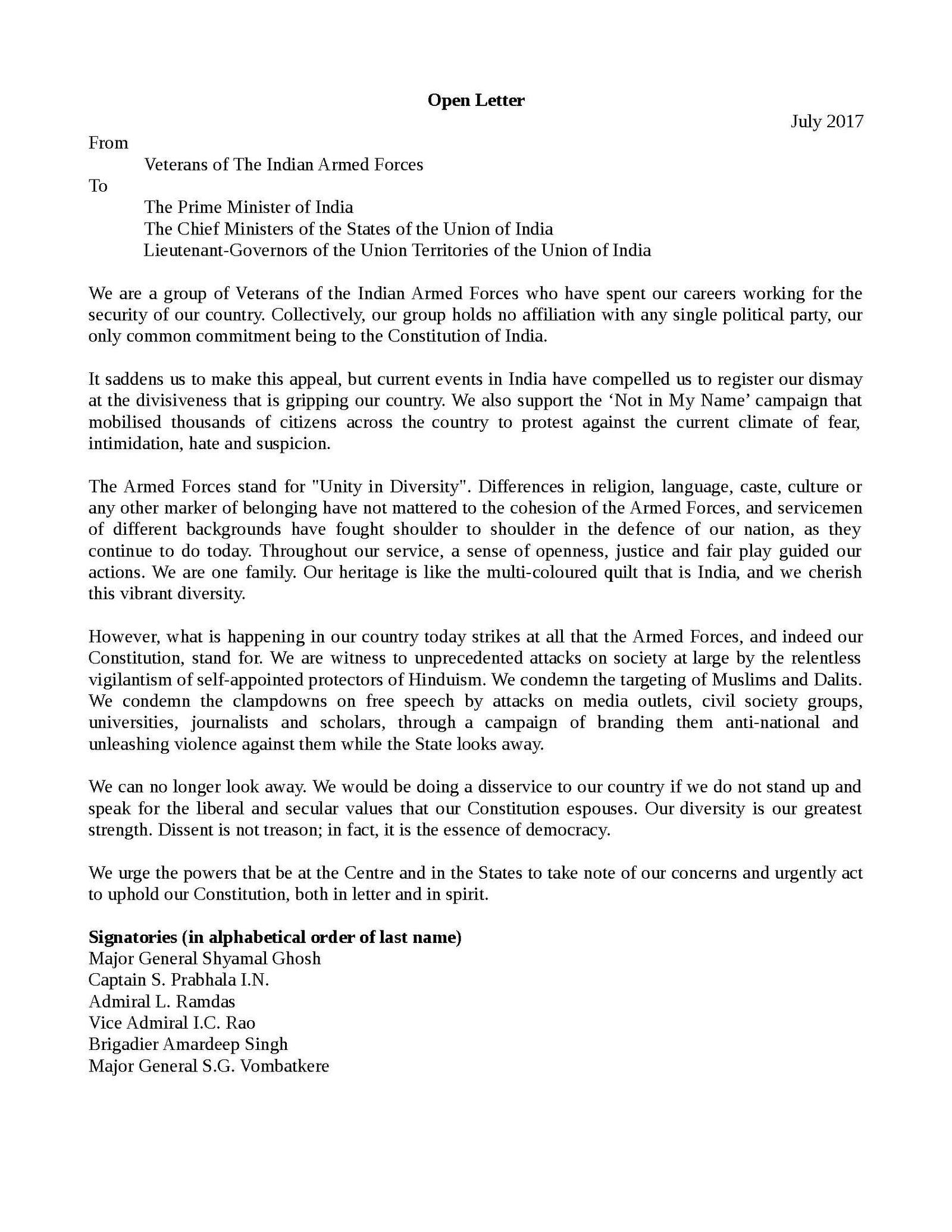 VETERANS' OPEN LETTER